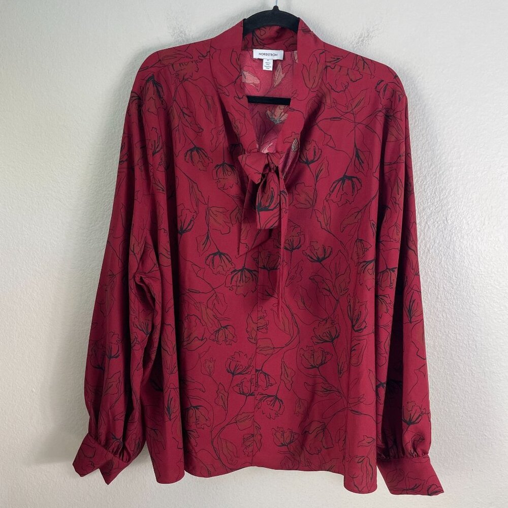 Nordstrom Womens Plus 3X Red Floral Tie Neck Blouse Long Sleeve‎ Shirt Top - Picture 8 of 12